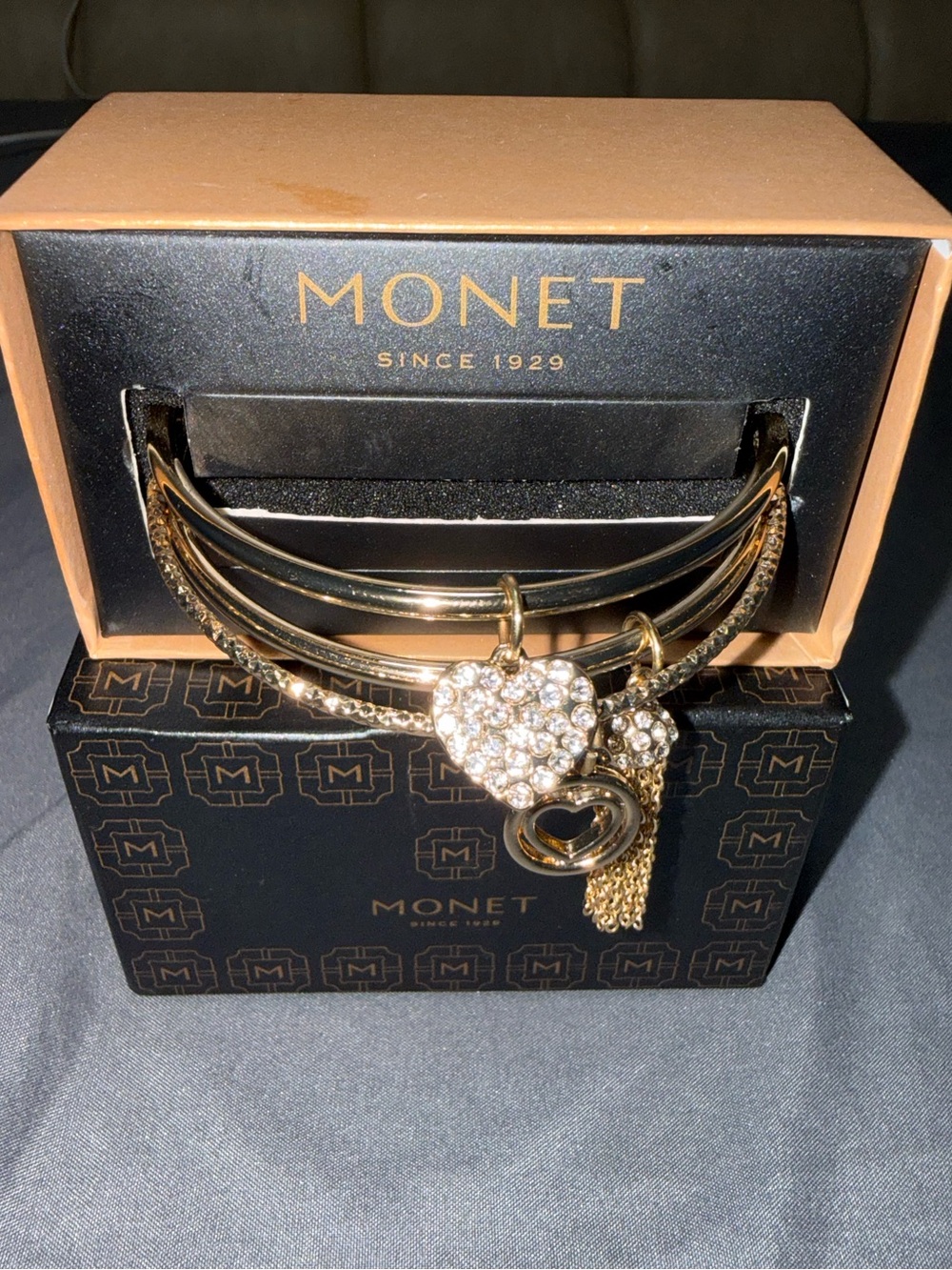 Monet Gold-Tone Crystal Heart & Tassel Charm Bangle Set